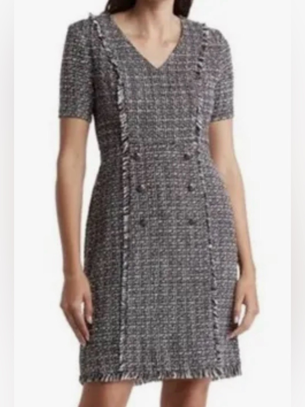 Nanette Lepore V-Neck Short Sleeve Dress Black & White Tweed Fringe Detail Sz 8